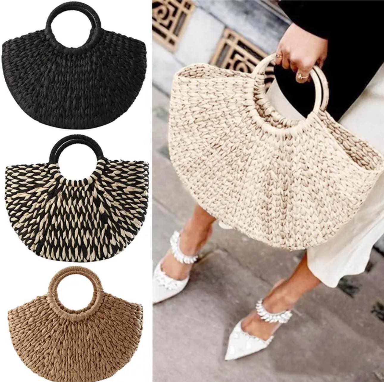 Half Round Rattan Woven Summer Bag