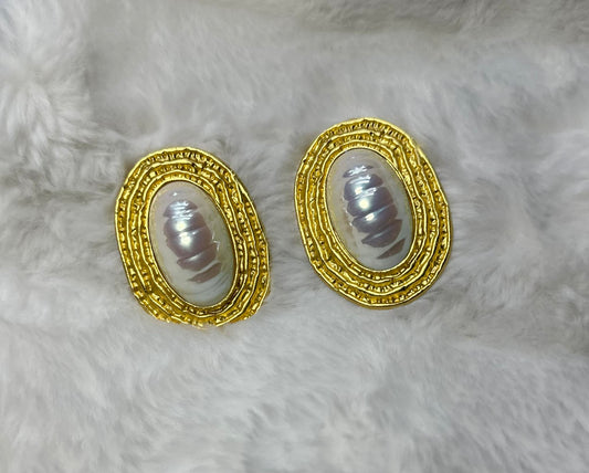 Vintage Round Pearl Metal Large Stud Earrings