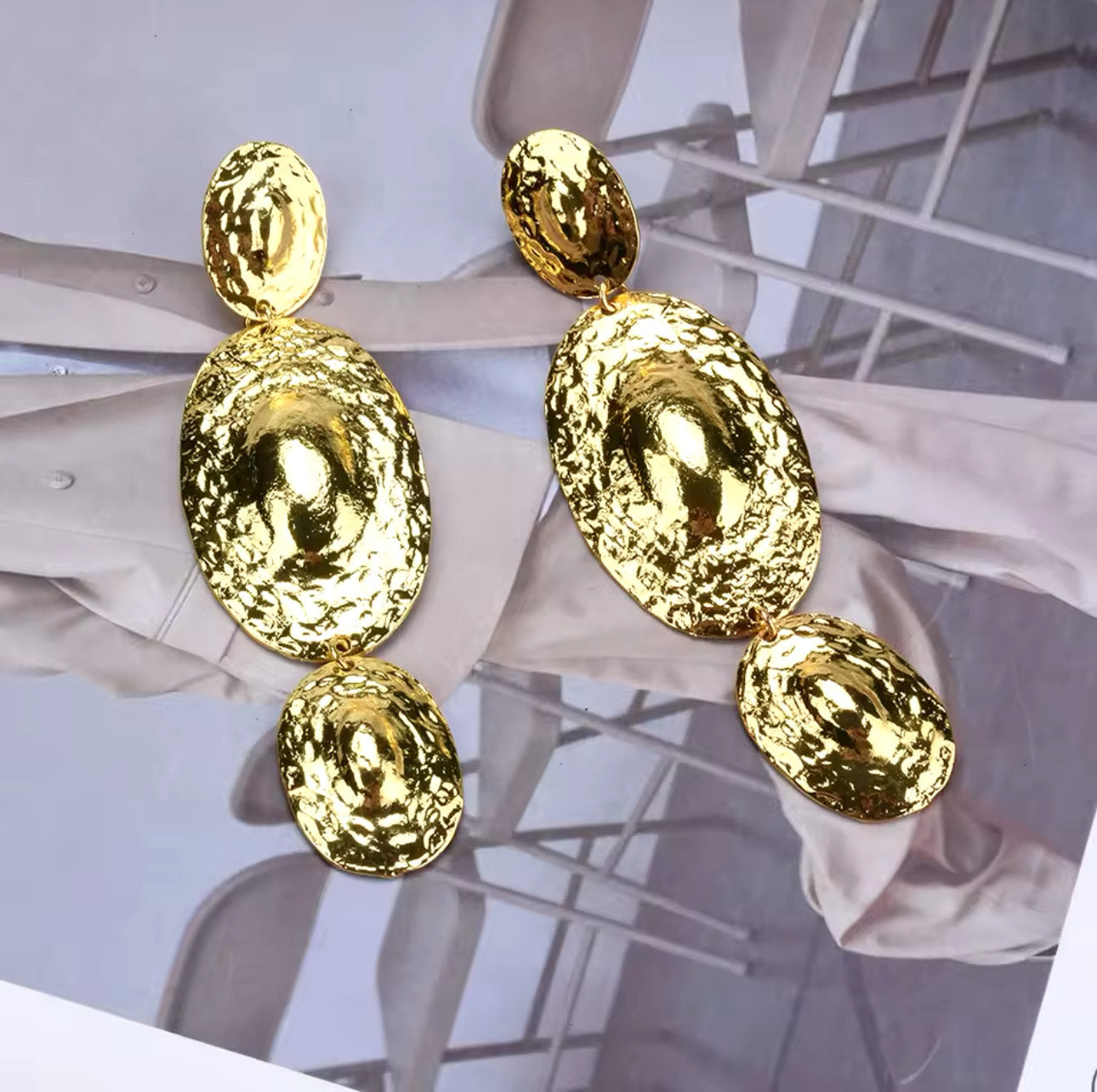 Oval Shaped Dangle Earrings Gold Plated