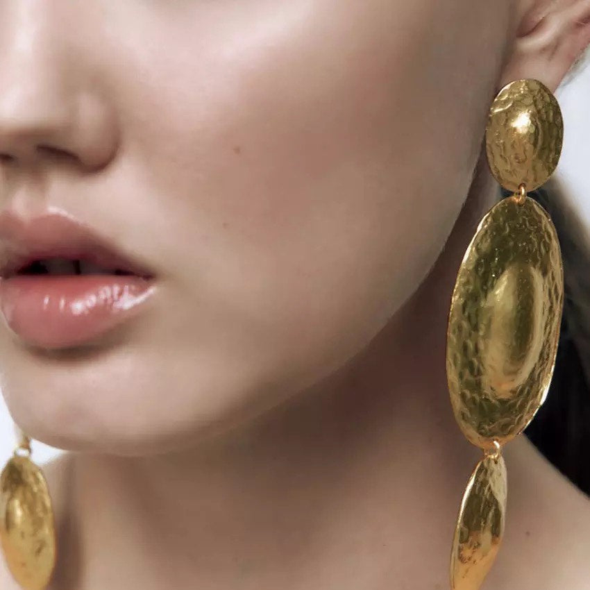 Oval Shaped Dangle Earrings Gold Plated