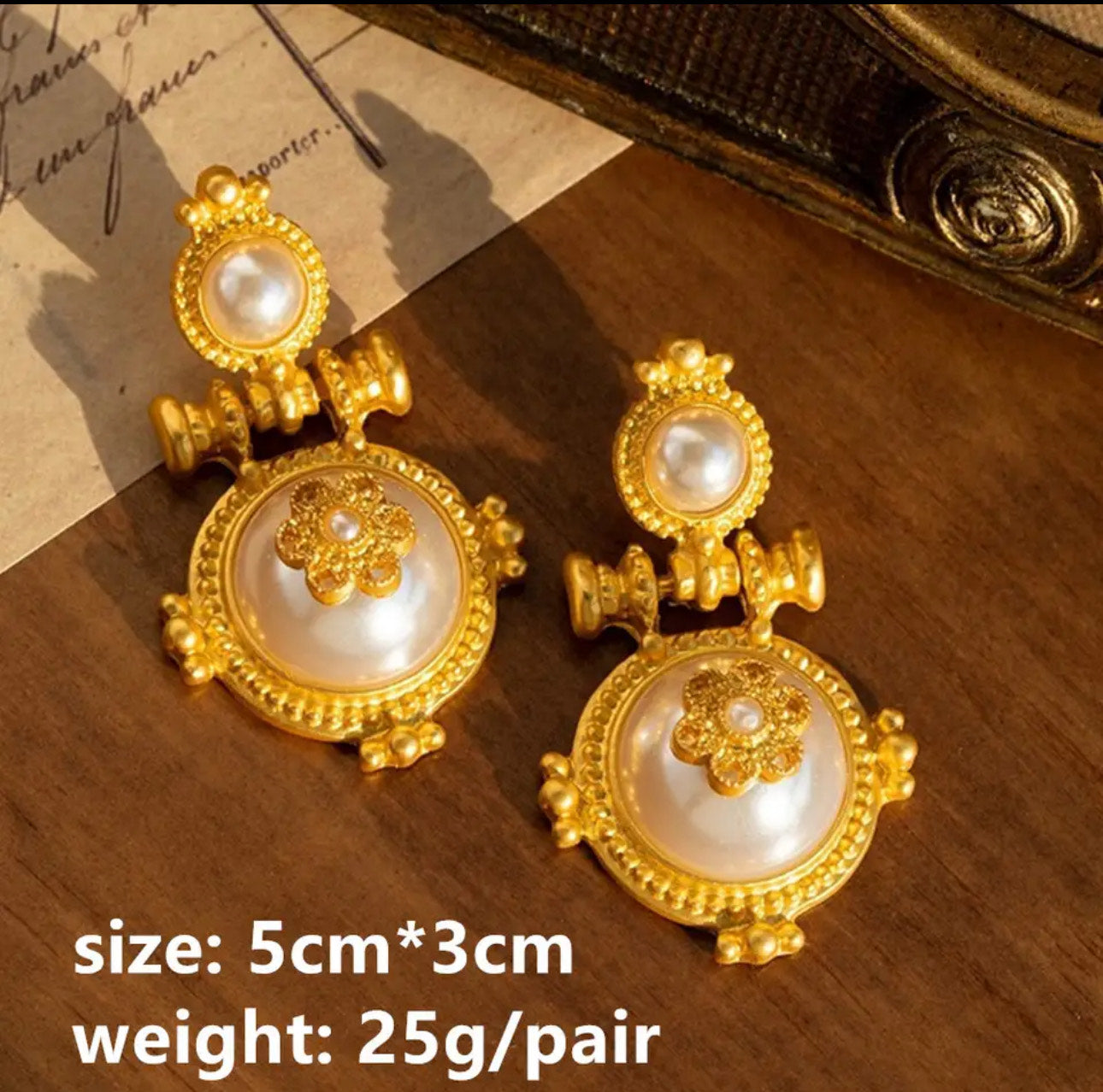 Vintage Gold-Plated Round Pearl Earrings